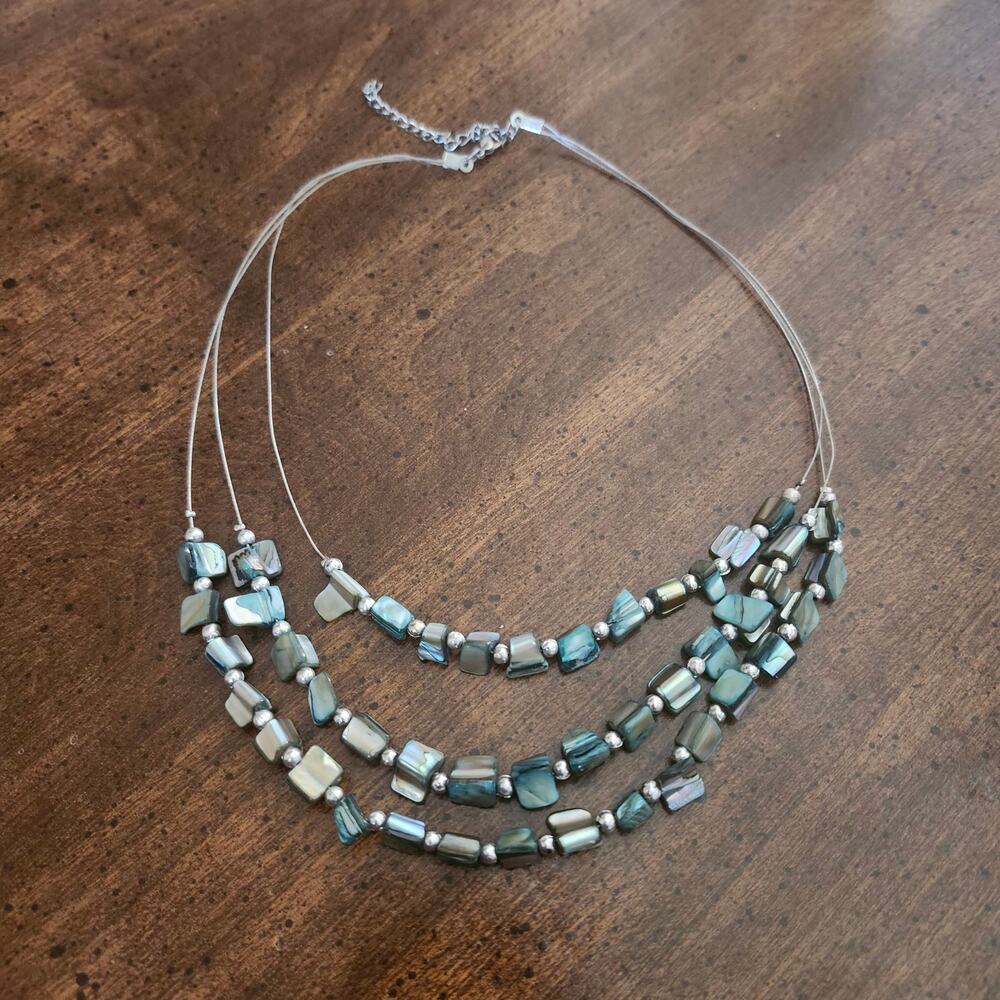 Multi Strand Mother Of Pearl Shell Necklace Silver Tone Layered Boho Coastal